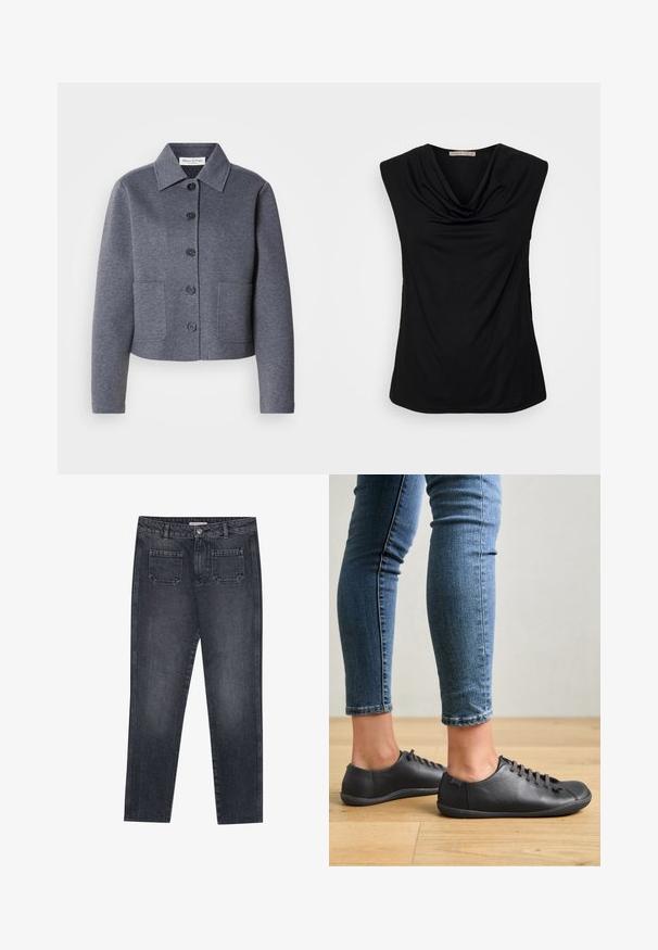 Grå, kort jakke lavet af et blødt materiale har en kravekrave, seks frontknapper og to sidelommer.; Anna Field by Zalando Top - black; Mørkegrå denim jeans med lige benpasform. Har to baglommer, knaplukning og bæltestropper. Subtil falmningstekstur.; Sorte lædersko med rund tå, lav profil og snørebåndsdesign. Kombineret med blå, tætsiddende jeans og en baggrund af trægulv.