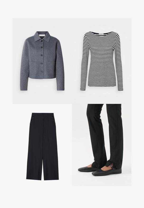 Veste grise courte en matériau doux, avec un col, six boutons à l'avant et deux poches latérales.; T-shirt à manches longues et col rond affichant un motif rayé noir et blanc. Fabriqué en tissu doux avec une coupe régulière. Design épuré et minimal.; Pantalons ample en tissu bleu marine foncé, avec une texture lisse, des plis avant et des œillets décoratifs en ton doré sur les poches latérales.; Jambes vêtues d’un pantalon slim noir avec des fentes à l’avant de l’ourlet, assorties à des chaussures plates Mary Jane noires avec une petite bride à boucle.