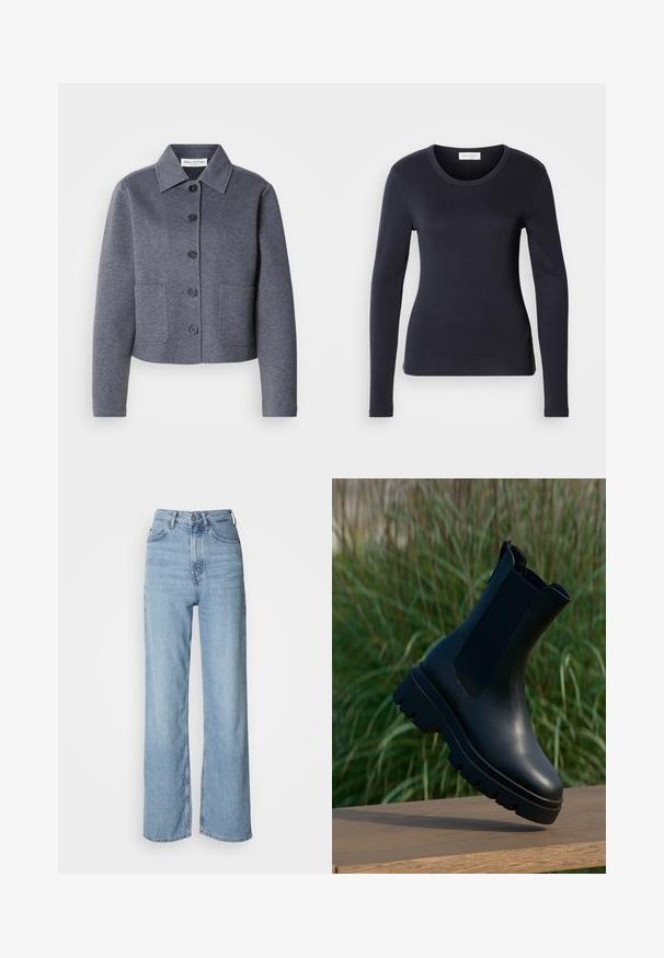Veste grise courte en matériau doux, avec un col, six boutons à l'avant et deux poches latérales.; Haut ajusté noir à manches longues en tissu lisse, avec un col rond et un design simple, arborant une petite étiquette sur le côté inférieur.; Jean taille haute bleu clair avec une jambe droite, en denim, présentant une fermeture à bouton sur le devant et des détails de décoloration subtils.; Bottes chevilles en cuir noir au design épuré, bout arrondi, panneaux latéraux élastiques et semelles en caoutchouc épaisses et texturées.