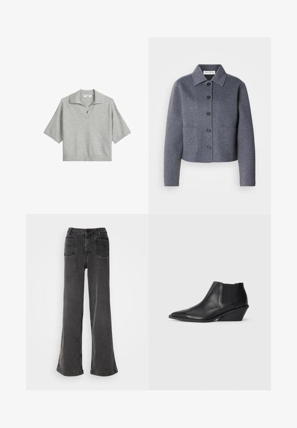 Chaqueta gris, corta, hecha de un material suave, con un cuello tipo solapa, seis botones frontales y dos bolsillos laterales.; Polo de manga corta en gris claro con cuello en V y dobladillo acanalado. Fabricado en tejido de punto, presenta un cuello estructurado.; Jeans negros de tiro alto y pierna ancha, hechos de denim, con cierre de botones, presillas para cinturón y dos bolsillos traseros con detalles de costura.; Botas de tobillo de cuero negro con punta afilada, paneles laterales elásticos y un tacón corto y en ángulo. Textura suave con un detalle mínimo.