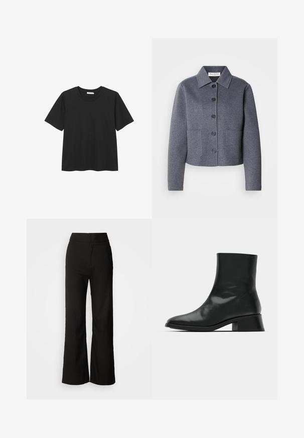 Grijze, cropped jas van een zacht materiaal met een kraag, zes knopen aan de voorkant en twee zijzakken.; Zwarte T-shirt met korte mouwen en ronde hals, gemaakt van zacht katoen, met een rechte zoom en zonder zichtbare patronen of accenten.; Zwarte wijde broek met een gladde textuur, hoge taille en een strakke uitstraling. Geen zichtbare zakken of versieringen.; Zwarte enkelboot van glanzend leer, met een slank ontwerp, spitse neus en een gematigde blokhak voor stabiliteit.