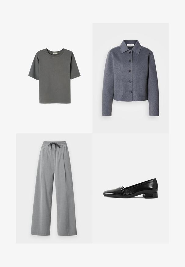 Grijze, cropped jas van een zacht materiaal met een kraag, zes knopen aan de voorkant en twee zijzakken.; Grijze T-shirt met korte mouwen, ribbeltextuur en ronde halslijn, met recht gesneden zijkanten en minimale stikdetails.; Lichtgrijze broek met wijde pijpen, elastische tailleband en zwart trekkoord, gemaakt van gladde stof, weergegeven op een witte achtergrond.; Zwarte laarzen van gepatenteerd leer met een puntige neus, een lage vierkante hak en een kleine metalen gespdetail op de band. Gladde textuur.