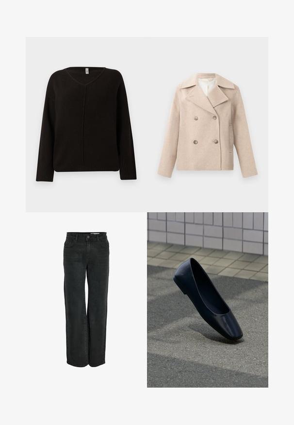 Manteau en laine beige croisé à double boutonnage avec larges revers, quatre boutons, manches longues et poches latérales fendue.; Pull noir en V en tricot doux et texturé. Doté de manches longues avec des bords côtelés et une couture centrale subtilement brodée. Coupe décontractée.; Jean large noir en denim, présentant un design classique à cinq poches et une fermeture éclair avec bouton. Texture lisse.; Chaussure plate en cuir noir debout sur une surface asphaltée près du bord d'un trottoir carrelé.