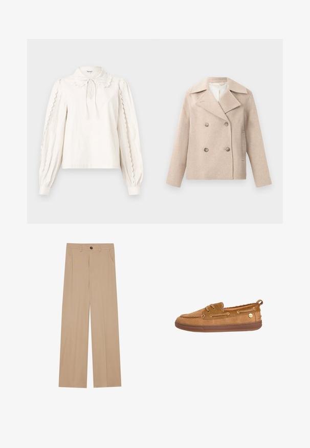 Manteau en laine beige croisé à double boutonnage avec larges revers, quatre boutons, manches longues et poches latérales fendue.; Blouse blanche à manches longues avec des bords festonnés sur les manches, un col Peter Pan avec un nœud lié et des poignets boutonnés.; Pantalons larges beiges avec une texture lisse, dotés de deux poches latérales, d'une fermeture à bouton à l'avant et de plis subtils pour plus de détails.; Chaussure mocassin en daim marron avec lacets en cuir, semelle en caoutchouc et emblème métallique avec logo sur le côté, présentée de profil sur fond blanc.