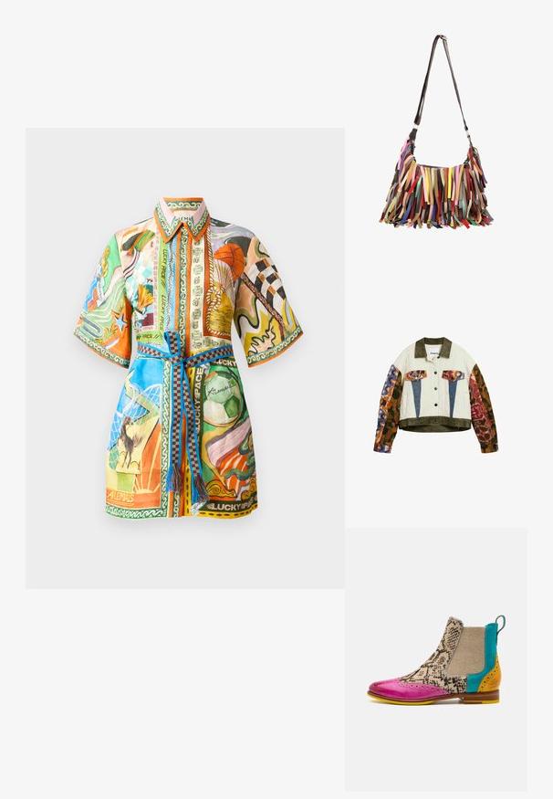 Gewatteerd jack met olijfgroene kraag en zoom, mouwen met een kleurrijke dierenprint, blauwe en dierenprint zakkleppen, aan de voorkant knoopsluiting.; Kleurvol overhemd met korte mouwen, versierd met gemengde patronen, een kraag en een strikceintuur. De materialen lijken lichtgewicht, met gevarieerde graphics en accenten.; Kleurrijke enkelboot met een roze patenten leren punt, slangenprint stof, beige canvas en turkooizen en gele accenten op de hak.; Schoudertas met lange donkere riem en kleurrijke leren franjestrips die het lichaam bedekken in verschillende tinten en schakeringen.