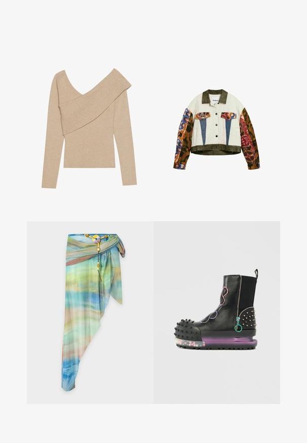 Prešívaná bunda s olivovým golierom a lemom, farebné rukávy s potlačou zvierat, modré klopy na vreckách s potlačou zvierat, zapínanie na gombíky vpredu.; Even&Odd by Zalando Svetrík - mottled beige; Asymetrická priehľadná zavinovacia sukňa s modrozelenobéžovým gradientným vzorom, upevnená dekoratívnym perličkovým opaskom a okrúhlou sponou.; Čierne kožené topánky s mohutnou podrážkou, dekoratívnymi hrotmi, farebnými zipsami a polstrovanou špičkou. Priehľadná podrážka obsahuje dekoratívne prvky vo vnútri.