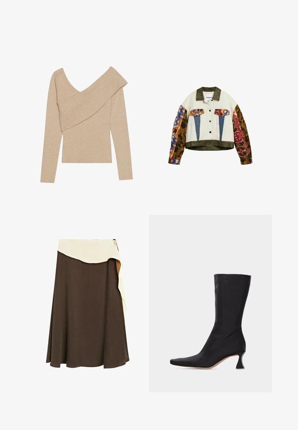 Gewatteerd jack met olijfgroene kraag en zoom, mouwen met een kleurrijke dierenprint, blauwe en dierenprint zakkleppen, aan de voorkant knoopsluiting.; Even&Odd by Zalando Trui - mottled beige; Bruine midirok met een asymmetrische crèmekleurige stoflaag bij de taille en een lichte uitlopende zoom.; Zwarte leren laars tot halverwege de kuit met een puntige neus en een gebogen lage hak tegen een effen lichte achtergrond.