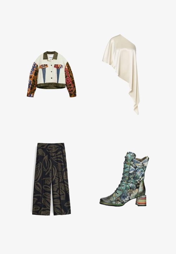 Gewatteerd jack met olijfgroene kraag en zoom, mouwen met een kleurrijke dierenprint, blauwe en dierenprint zakkleppen, aan de voorkant knoopsluiting.; Crèmekleurige satijnen one-shoulder top met een asymmetrisch vloeiend gedrapeerd ontwerp en langer stof die aan één kant hangt.; OPUS HIGH RISE CROPPED WIDE FIT PRINT - Broek - coal blue; Halfhoge veterlaars met bloemenpatroon, meerkleurige gestapelde blokhak en labeltje vlakbij de bovenkant aan de zijkant.