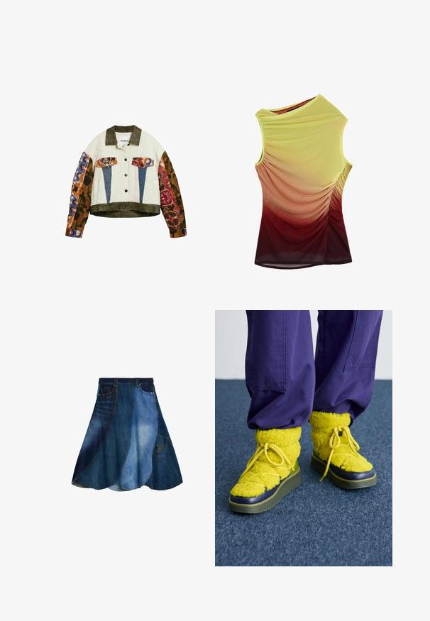 Gewatteerd jack met olijfgroene kraag en zoom, mouwen met een kleurrijke dierenprint, blauwe en dierenprint zakkleppen, aan de voorkant knoopsluiting.; Mouwloos topje met asymmetrische halslijn, gerimpelde zijkanten en kleurverloop van geel naar bordeauxrood.; Denim rok met een patchwork ontwerp in verschillende tinten blauw, uitlopende vorm en een zijzak. Gladde textuur en casual stijl.; Geel, donzige laarzen met een ronde neus, een gestructureerde stof en een groene rubberen zool. Heeft gele veters en een marineblauwe accent rond de neus.