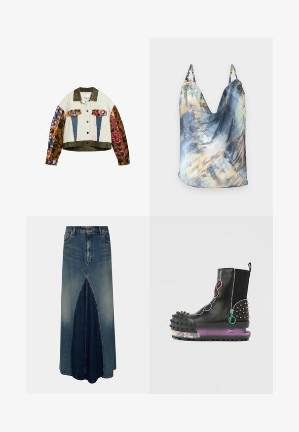 Gewatteerd jack met olijfgroene kraag en zoom, mouwen met een kleurrijke dierenprint, blauwe en dierenprint zakkleppen, aan de voorkant knoopsluiting.; Mouwloos top in blauw met een abstract patroon met gouden en lichtblauwe accenten; gedrapeerd ontwerp, zachte stof, gevlochten banden.; Blauwe denim maxi-rok met een voor-invertpleat, riemlussen, knoop- en ritssluiting, en vervaagde wasdetails.; Zwarte leren laars met een chunky zool, studded accenten, kleurrijke ritsen en een gevoerde neus. Doorzichtige zool bevat decoratieve elementen van binnen.