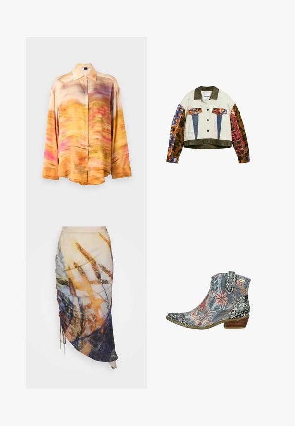 Veste matelassée avec col et ourlet olive, manches à imprimé animalier coloré, rabats de poche bleus et à imprimé animalier, fermeture avant à boutons.; Chemise en soie à boutons avec un motif abstrait dans des nuances d'orange, de rose et de violet, dotée d'un col étalé et de manches longues.; Materiel DIAGONAL GATHERED SKIRT - Jupe crayon - golden hour; Bottine avec motifs floraux et papillons en tons bleus, roses et noirs, dotée d'un petit talon en bois et d'une languette de tirage.