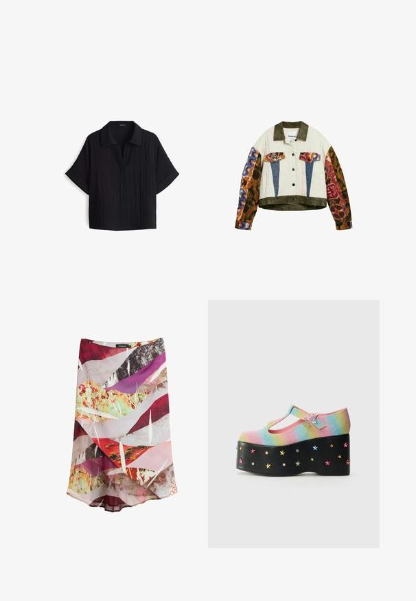 Gewatteerd jack met olijfgroene kraag en zoom, mouwen met een kleurrijke dierenprint, blauwe en dierenprint zakkleppen, aan de voorkant knoopsluiting.; ZwarteT-shirt met korte mouwen en een kraaghalslijn, gemaakt van een textuur- en ribstof en met een losse pasvorm. Geen zichtbare sluitingen.; Midi-rok met abstracte meerkleurige print in rood, roze, paars, geel en wit, met gelaagde stof en een subtiele A-lijnsilhouet.; Glanzende regenboog platform schoenen met een T-band, versierd met een stervormige gesp en meerkleurige sterrenstuds op een zwarte basis.