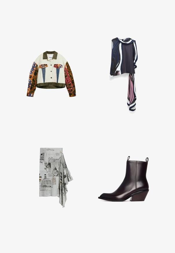 Gewatteerd jack met olijfgroene kraag en zoom, mouwen met een kleurrijke dierenprint, blauwe en dierenprint zakkleppen, aan de voorkant knoopsluiting.; Mouwloze blouse in marineblauw en wit met een roze abstract patroon. Heeft een gedrapeerde halslijn en een vloeiende, aangehechte sjaaldetail.; Grijze stof met zwart-wit krantenprint, met tekst, afbeeldingen en het woord "Desigual" prominent weergegeven.; Donkerbruine leren enkellaars met een spitse neus, voorzien van een gestructureerde houten hak en trekbanden aan beide zijkanten voor gemakkelijk aan- en uittrekken.