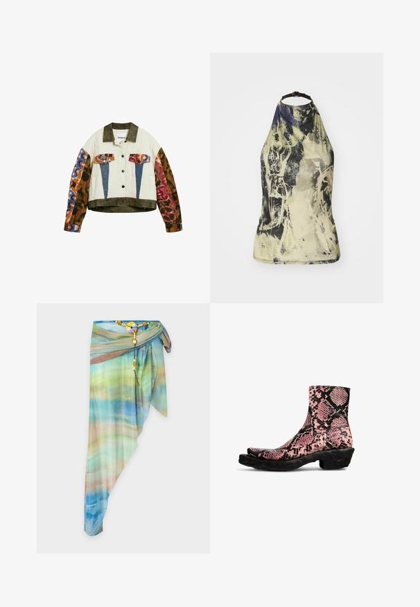 Puffet jakke med olivengrøn krave og kant, farverige ærmer med dyreprint, blå og dyreprint lommelapper, knaplukning foran.; Halter-neck top i et lyst, abstrakt print med grønne, gule og blå nuancer. Har en sort justerbar strop og et tætsiddende design.; Asymmetrisk gennemsigtig omslagsnederdel med blå, grøn og beige gradientmønster, fastgjort med et dekorativt perlebælte og rundt spænde.; Ankelstøvler i pink og sort slangeskindsprintlæder med en struktureret finish, der har en unik buet sort gummisål.