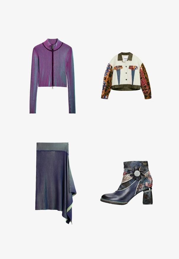 Gewatteerd jack met olijfgroene kraag en zoom, mouwen met een kleurrijke dierenprint, blauwe en dierenprint zakkleppen, aan de voorkant knoopsluiting.; Ingekorte ritsjack met lange mouwen in een meerkleurig geribbeld patroon met roze, paarse en blauwe strepen. Zilveren ritsdetails aan de voorkant.; Donkerblauwe gebreide rok met zeer fijne witte verticale strepen en een asymmetrische geplooide zoom aan één kant.; Enkellaars met een glanzende donkerblauwe leren neus en een bovenkant van bloemenpatroonstof, met een decoratieve bloem en een gestructureerde blokhak.