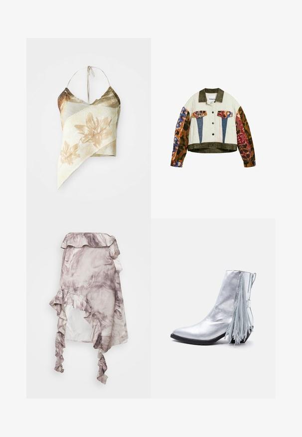 Veste matelassée avec col et ourlet olive, manches à imprimé animalier coloré, rabats de poche bleus et à imprimé animalier, fermeture avant à boutons.; Crop top à imprimé floral asymétrique dans des tons beiges et olives atténués, doté d'une texture en maille, de liens autour du cou en halter et d'un design drapé.; ROKH MIDI SKIRT RUFFLES - Jupe trapèze - purple; Bottine argentée brillante avec talon bas et long détail de franges pendantes sur le côté arrière.