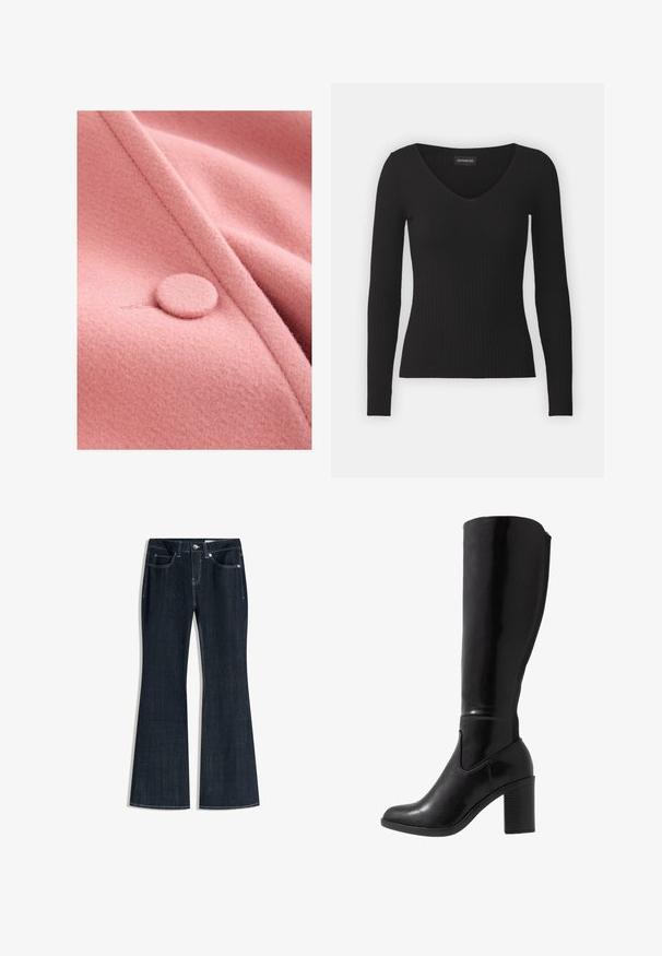 Tissu de manteau en laine rose avec une texture douce, présentant un bouton rond recouvert de tissu et une couture nette et ajustée.; Haut noir à manches longues côtelé avec un col en V. Tissu apparemment doux avec une coupe ajustée et une texture subtile. Étiquette de marque visible au niveau du col.; Jean en denim bleu foncé à taille haute, poches avant, fermeture par boutons et zip, et jambes évasées.; Bottes noires à talons vernies hauteur genou, avec un bout arrondi, une texture lisse, un détail de découpe sur le côté et un talon empilé chunky.