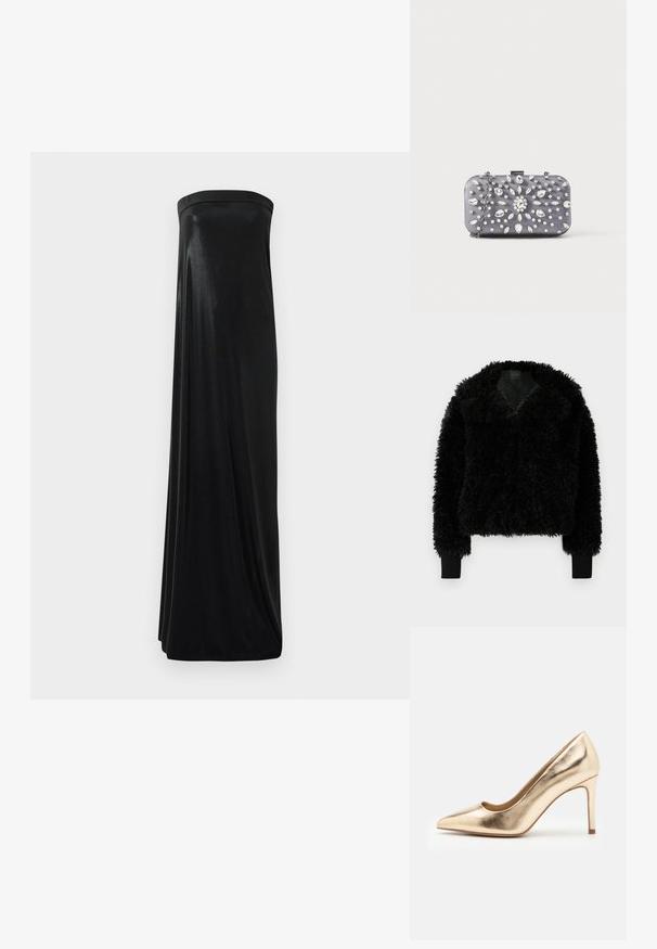 Flauschige schwarze kurz geschnittene Jacke aus strukturiertem Stoff mit tiefem V-Ausschnitt und gerippten Bündchen. Verleiht ein weiches, voluminöses Erscheinungsbild.; Schwarzes, trägerloses Maxikleid aus glattem, glänzendem Stoff. Es hat ein figurbetontes Oberteil und eine fließende Silhouette, die den Boden erreicht, ohne Verzierungen.; Goldfarbene Metallic-Pumps mit spitzem Zehenbereich und glatter Oberfläche. Ausgestattet mit einem geschlossenen Absatz und einem schlanken, eleganten Stiletto-Design.; Kleine rechteckige dunkelgraue Clutch, verziert mit klaren Strasssteinen in einem strahlenförmigen Muster und einem silbernen Kettenriemen.