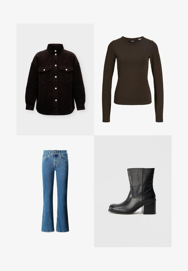 Veste-chemise en velours côtelé noire à manches longues, fermeture boutonnée avec des boutons argentés et deux poches poitrine avec rabats boutonnés.; T-shirt à manches longues moulant de couleur marron foncé avec col rond, design simple et texture de tissu lisse, présenté sur un fond blanc uni.; Jean en denim évasé bleu moyen, doté d'une taille haute, d'une fermeture à deux boutons, d'un design classique à cinq poches et d'un léger délavage sur l'ensemble.; Bottine en cuir noir à bout rond, détails de coutures latérales et talon bloc épais. Texture lisse et design minimaliste.