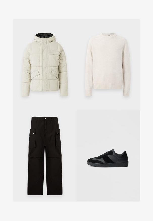 Helle beige gepolsterte Jacke mit Frontreißverschluss, drei blinden Taschen und einer schwarz gefütterten Kapuze, entworfen für kaltes Wetter.; Cremefarbener Pullover mit rundem Ausschnitt, gerippten Bündchen und Saum. Weiche Textur mit einem einfachen, klaren Design und Raglanärmeln.; Schwarze Cargo-Hosen aus weichem Stoff, mit einem elastischen Bund, seitlichen Taschen mit Klappen und einem lockeren, geraden Schnitt.; Schwarze Sneaker aus einer Mischung von glattem Leder und Wildleder, mit einer strukturierten schwarzen Gummisohle und dezenten Streifendetails.