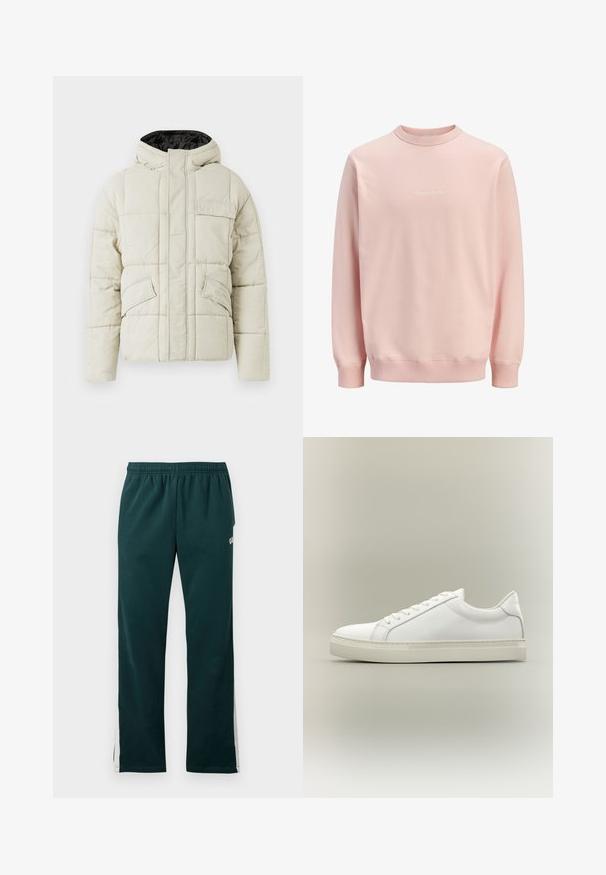 Lys beige polstret jakke med frontlynlås, tre klaplommer og en sort foret hætte, designet til koldt vejr.; Lys pink sweatshirt med rund hals og lange ærmer, med lille hvid kursiv tekst centreret på brystet, ribstrikkede manchetter og linning.; Mørkegrønne sweatpants med elastisk hænger og hvide striber, der løber ned ad ydersiden af benene.; Hvid lavtop sneaker med snørebånd foran og tyk sål, vist fra siden mod en neutral baggrund.