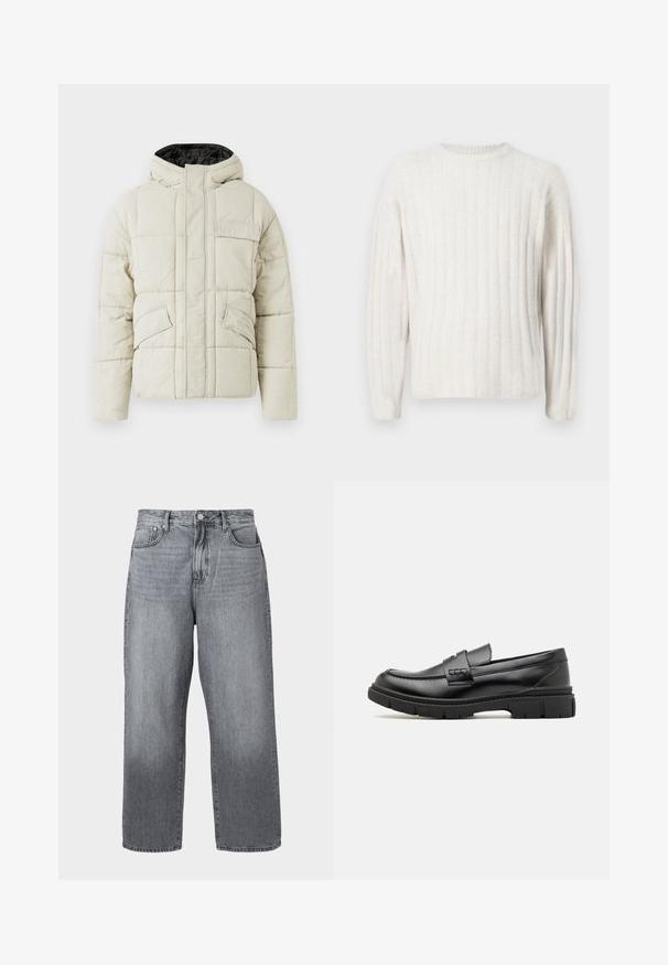 Helle beige gepolsterte Jacke mit Frontreißverschluss, drei blinden Taschen und einer schwarz gefütterten Kapuze, entworfen für kaltes Wetter.; Cremefarbener Pullover mit geripptem Muster, rundem Halsausschnitt und langen Ärmeln. Weicher Stoff mit lockerer Passform.; Graue Denim-Jeans im weiten Schnitt mit hoher Taille, Fünf-Taschen-Design und Metallverschluss. Der Stoff zeigt leichte Ausbleichungen nahe dem Saum.; Schwarze Lederloafer mit einem breiten Riemen über dem Rist, Gummisohle mit dicken Profilen und glatter Textur. Klassisches, schlankes Design.