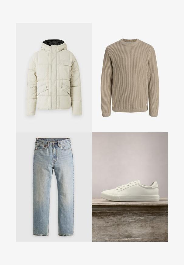Veste rembourrée beige clair avec fermeture éclair avant, trois poches à rabat et une capuche doublée de noir, conçue pour les temps froids.; Pull en maille côtelée beige avec manches longues et col rond, présenté sur un fond clair.; Jean en denim bleu clair à taille haute, avec bouton avant, fermeture éclair et design à cinq poches, posé à plat sur un fond neutre.; Sneaker en dentelle blanche flottant au-dessus d'un banc en bois avec un feuillage vert en arrière-plan, mettant en valeur le design et la texture de la chaussure.
