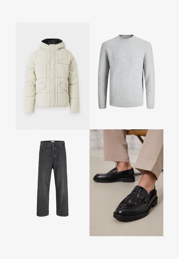 Lys beige polstret jakke med frontlynlås, tre klaplommer og en sort foret hætte, designet til koldt vejr.; Lysegrå hjemmestrikket sweater med diamantmønster, ribstrikket rund halsudskæring, manchetter og kant, lange ærmer, velegnet til koldt vejr.; Sorte højtaljede jeans med lige ben, knap- og lynlås-lukning, bæltestropper samt lommer foran og bagpå.; Sorte lædermokkasiner med en glat overflade, der har en dekorativ rem og kontraststing, parret med beige bukser.
