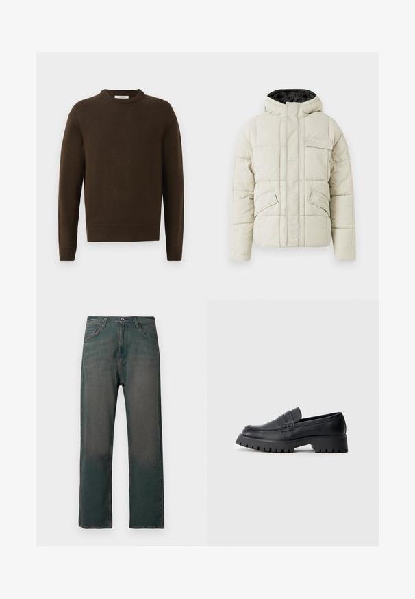 Lys beige polstret jakke med frontlynlås, tre klaplommer og en sort foret hætte, designet til koldt vejr.; Brun strikket sweater med rund hals, lange ærmer og ribbede manchetter. Blød tekstur, glat finish og en afslappet pasform.; Mørkegrønne denimjeans med lige ben, der har et klassisk design med fem lommer og kontrastsyninger langs sømmene.; Sorte læder loafers med en rund tå, prydet med en dekorativ rem og en kraftig gummisål med dybe riller for grip.