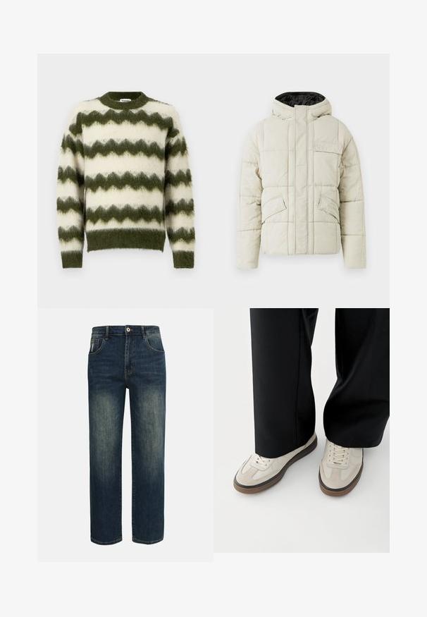 Lys beige polstret jakke med frontlynlås, tre klaplommer og en sort foret hætte, designet til koldt vejr.; Grøn og hvid zigzag-mønstret sweater lavet af blødt, fluffy materiale med rund halsudskæring og ribbede manchetter.; Mørkeblå jeans med lige ben, let falmet foran på lårene, fem lommer og knaplukning i taljen.; Fødder iført beige sneakers med brune såler og sorte bukser med vide ben på hvid baggrund.