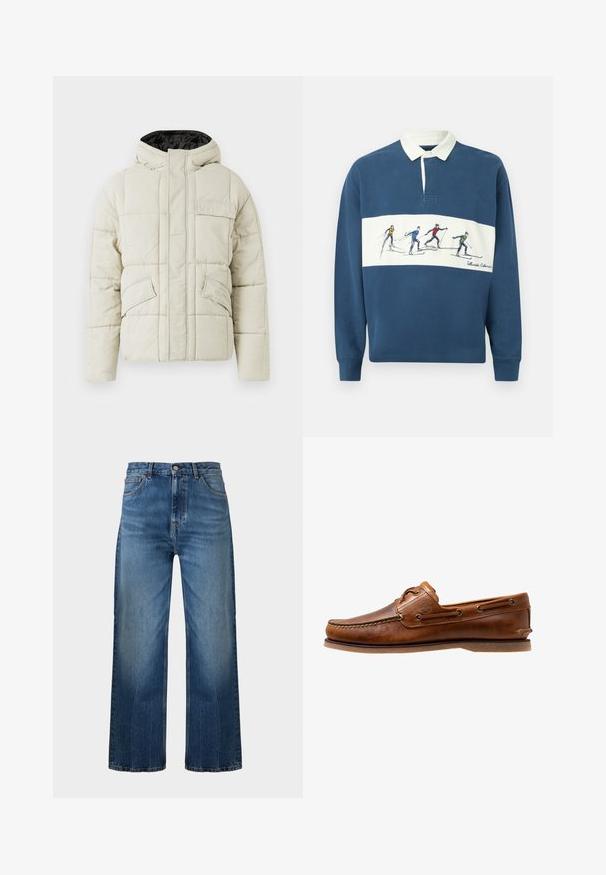 Veste rembourrée beige clair avec fermeture éclair avant, trois poches à rabat et une capuche doublée de noir, conçue pour les temps froids.; Chemise de rugby à manches longues bleue avec col blanc et bande horizontale blanche ornée de skieurs en tenues colorées et texte "Telluride Colorado".; Jean en denim bleu coupe droite avec fermeture à boutons sur le devant et passants de ceinture, légèrement délavé aux cuisses et aux genoux.; Chaussures bateau en cuir marron avec des accents cousus, présentant des œillets en métal, une couture surélevée sur le bout et une semelle plate en caoutchouc.