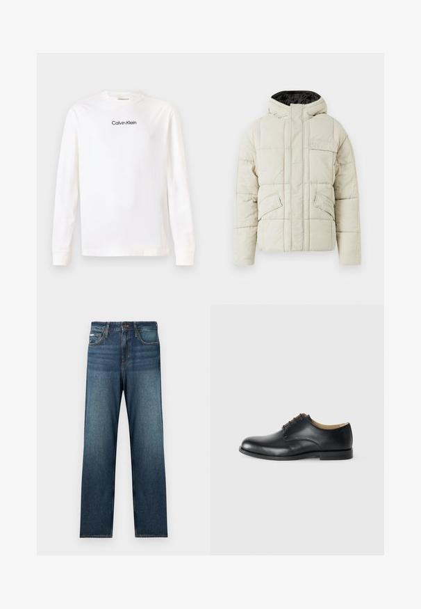 Lys beige polstret jakke med frontlynlås, tre klaplommer og en sort foret hætte, designet til koldt vejr.; Hvid langærmet t-shirt med rund hals, hvor "Calvin Klein" logoet er trykt i sort centreret på brystet.; Mørkeblå jeans med lige snit, fem-lomme design og diskret falming. Fremstillet af denimstof med klassiske syningsdetaljer.; Calvin Klein ESS DERBY - Snøresko - triple black