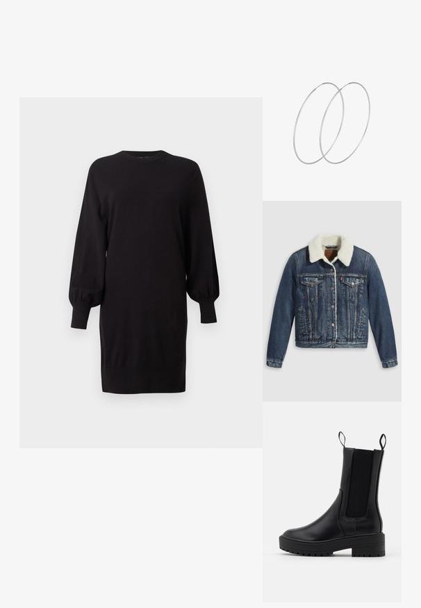 Jeansjack met een sherpa-gevoerde kraag, voorzien van twee borstzakken, zijzakken en zilveren knopen. Versleten donkerblauwe stof.; Zwarte trui-jurk met lange mouwen, ballonmouwen en geribde manchetten, ronde hals en rechte zoom, weergegeven op een effen achtergrond.; Zwarte enkelboot met een gladde leren afwerking, elastische zijpanelen, trekriempjes en een dikke, gestructureerde zool voor extra grip.; Zilveren hoepel oorbellen met een minimalistisch ontwerp. Cirkelvormig, gladde textuur en dun profiel. Lichtgewicht met een gepolijste afwerking.