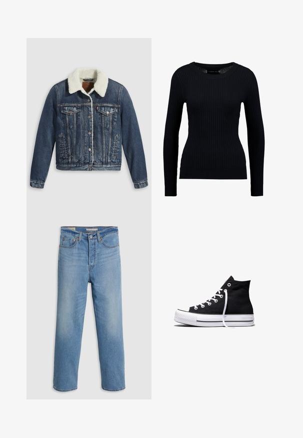 Chaqueta de mezclilla con un cuello forrado de sherpa, que cuenta con dos bolsillos en el pecho, bolsillos laterales y botones plateados. Tejido azul oscuro desgastado.; Suéter negro de manga larga con costillas, de cuello redondo y silueta ajustada. La textura es suave con un ligero estiramiento en todo el tejido.; Jeans de mezclilla azul claro de pierna recta con bolsillos frontales, lazos para cinturón y cierre de botón sobre un fondo liso.; Zapatilla alta de lona negra con suela de goma blanca y cordones blancos, vista de lado sobre un fondo blanco.