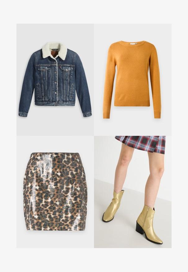 Denimjakke med sherpa-fôret krave, udstyret med to brystlommer, sidelommer og sølvknapper. Distressed mørkeblå stof.; Sennepsgul sweater, blødt strikket stof, rund halsudskæring, lange ærmer, ribbede kanter og manchetter, let design uden mønstre eller udsmykninger.; Mini skirt med leopardprint der har en paillet-vævet tekstur, fitted design, brune og sorte farver samt en lige kant.; Guldankelstøvler med spids tå og sort hæl. Fremstillet af et skinnende, glat materiale, med en sidestrømpe og syede detaljer.
