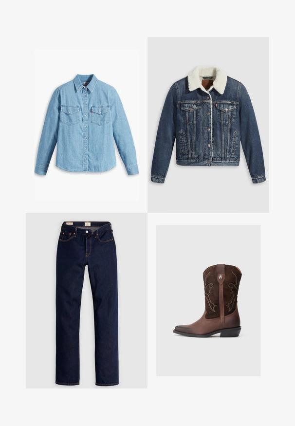 Denim jakker, mille on sherpa vooderdatud kaelus, esiküljel kaks rinnaTaskut, külgedel taskud ja hõbedased nupud. Kulunud tumesinine kangas.; Heledad sinine teksast särk pika varrukaga, terava kraega, kahe rinna taskuga, nööbiplikaadiga ja peene tekstuuriga. Nähtavaid mustreid pole.; Tumesinised sirge säärega teksapüksid oranži õmblusega, viie tasku ja nööpkinnitusega, tasapinnale laotatud heledal taustal.; Pruun nahast kauboi saabikas tekstureeritud seemisnahast pealmise osaga, valgete õmblustega, terava varba ja madala blokiausega kontsaga.