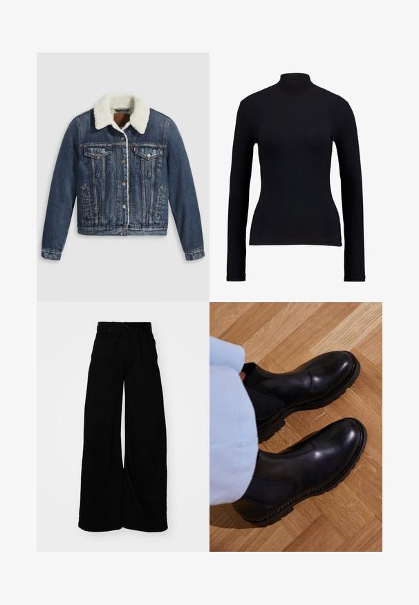 Jeansjack met een sherpa-gevoerde kraag, voorzien van twee borstzakken, zijzakken en zilveren knopen. Versleten donkerblauwe stof.; EDITED MANON LONGSLEEVE - Longsleeve - black; Wijdvallende zwarte denimbroeken met een hoge taille, voorzien van ceintuurlussen, vijf zakken en een schone, textuurrijke afwerking.; Zwarte enkellaarzen van soepel leer met elastische zijpanelen, een getextureerde rubberen zool en contrasterende stiklijnen langs de rand.