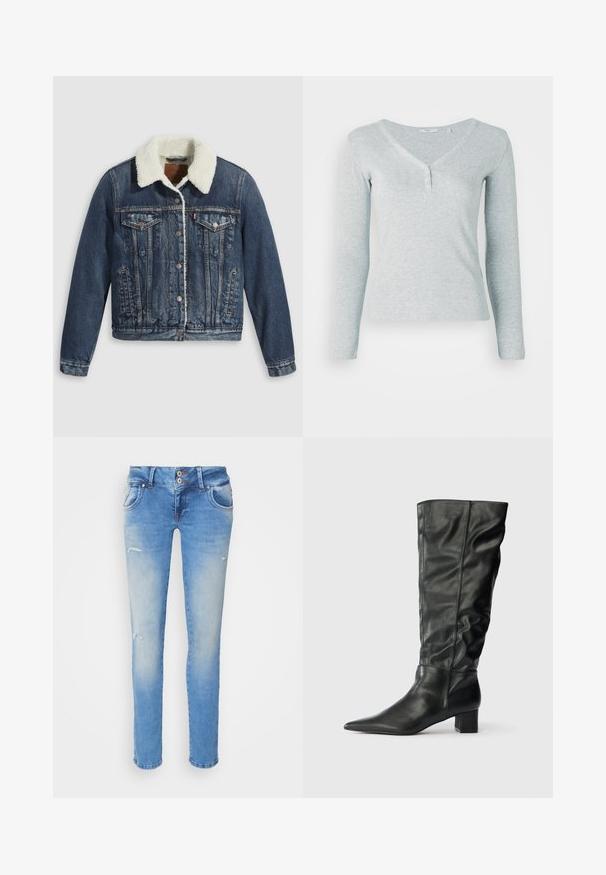Chaqueta de mezclilla con un cuello forrado de sherpa, que cuenta con dos bolsillos en el pecho, bolsillos laterales y botones plateados. Tejido azul oscuro desgastado.; Top de manga larga gris claro hecho de tela acanalada. Presenta un escote en V y tres botones en el cuello, con un diseño ajustado.; Jeans de mezclilla azul con un ajuste ajustado, que presentan un ligero desgaste, dos bolsillos delanteros y detalles ligeramente desgastados cerca de las rodillas.; Botas de cuero negras hasta la rodilla que presentan una punta afilada, un eje caído y un tacón cuadrado. Textura suave con costuras mínimas visibles.