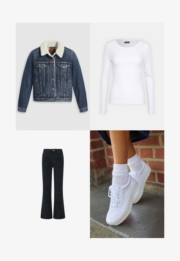 Veste en denim avec un col en sherpa, comprenant deux poches poitrine, des poches latérales et des boutons en argent. Tissu bleu foncé déchiré.; T-shirt à manches longues blanc côtelé avec un col rond. Fabriqué en un tissu extensible qui épouse le corps. Présente de fines lignes horizontales.; Pantalons en velours côtelé noir évasés avec fermeture à bouton et à glissière, dotés de deux poches avant et d'une texture lisse. Design à jambe droite.; Baskets en toile blanches avec semelles en caoutchouc, dotées de six œillets, d'un bout rond et de détails de couture légers, portées avec des chaussettes blanches mi-mollet.