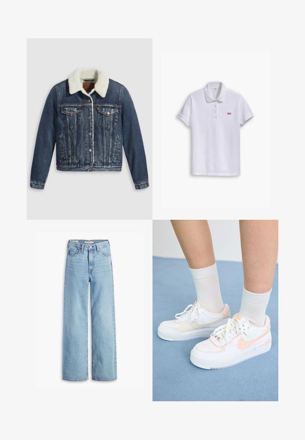 Denimjakke med sherpa-fôret krave, udstyret med to brystlommer, sidelommer og sølvknapper. Distressed mørkeblå stof.; Hvid polo t-shirt lavet af bomuld, med en klassisk krave, tre-knaps placket og et lille rødt Levi's logo på venstre bryst.; Højtaljede, lyseblå, vide bukser med knap og lynlås fortil, bæltestropper og fem lomme-stil.; Hvide sneakers med ferskenfarvede detaljer, glat læderoverdel, perforeret tå, struktureret sål og snørebånd. Båret med hvide ankelstrømper på en blå overflade.