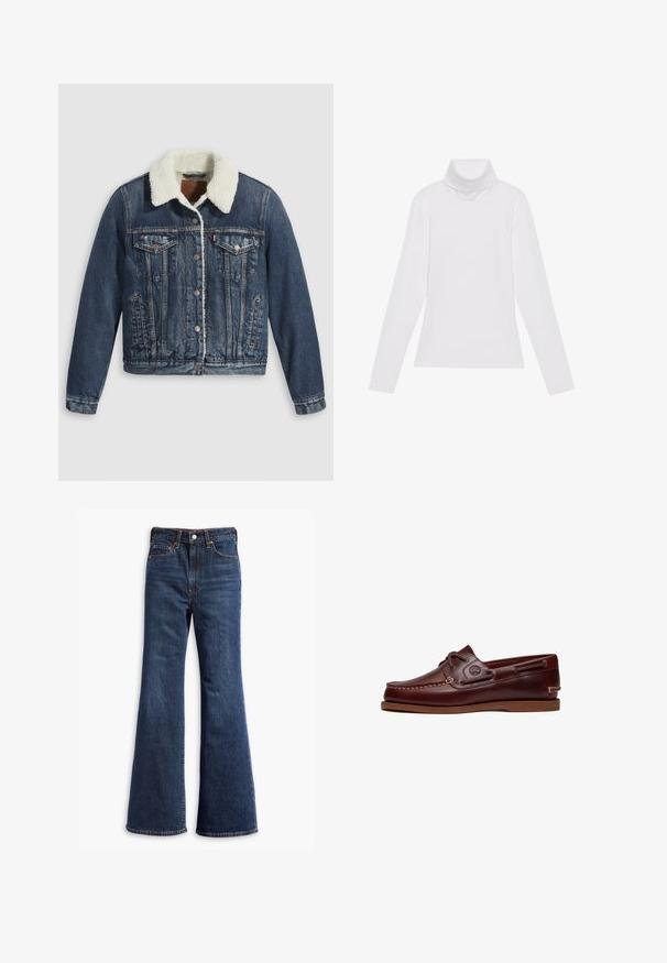Veste en denim avec un col en sherpa, comprenant deux poches poitrine, des poches latérales et des boutons en argent. Tissu bleu foncé déchiré.; Haut à col roulé à manches longues blanc, fabriqué en tissu lisse et extensible. Il présente un col haut et une coupe ajustée, sans motifs ni embellissements visibles.; Jeans en denim bleu foncé taille haute avec jambes évasées, fermeture à boutons et zip à l'avant, et conception à cinq poches.; Chaussure bateau en cuir marron avec lacets, détails de couture et logo Timberland sur le côté, présentée sur un fond blanc.