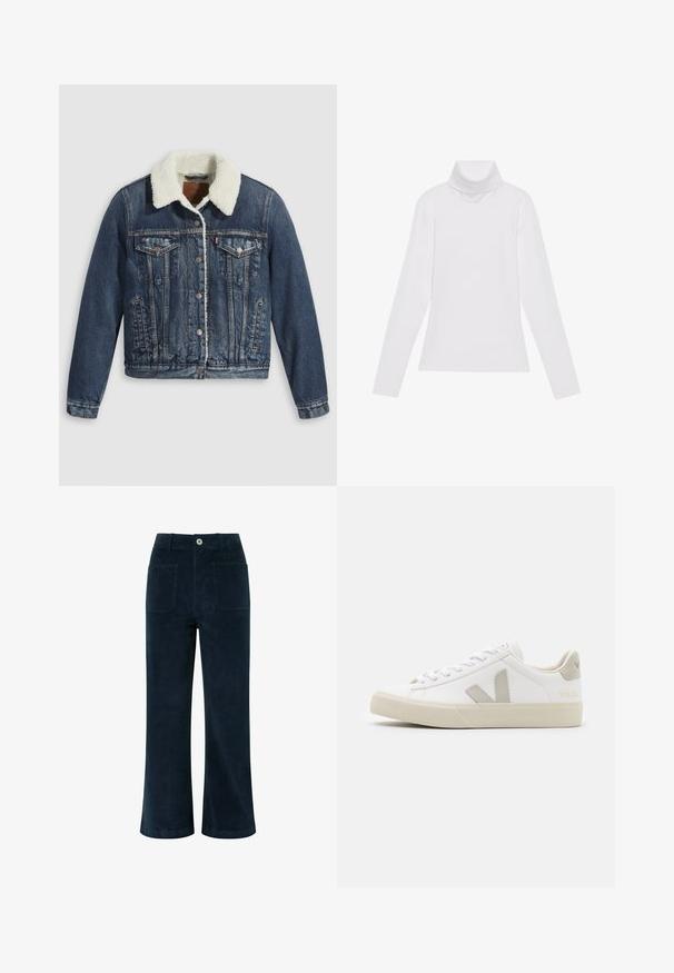 Jeansjack met een sherpa-gevoerde kraag, voorzien van twee borstzakken, zijzakken en zilveren knopen. Versleten donkerblauwe stof.; Witte lange mouw turtleneck top gemaakt van glad, elastisch materiaal. Voorzien van een hoge kraag en een getailleerd ontwerp, zonder zichtbare patronen of versieringen.; Navyblauwe corduroy broek met hoge taille, wijde pijpen, twee achterzakken en een sluiting met knoop aan de voorkant. Zachte textuur met een gladde afwerking.; Witte sneakers van leer met grijze V-logo accenten, een gestructureerde rubberen zool, witte veters en een gevoerde tong en kraag.