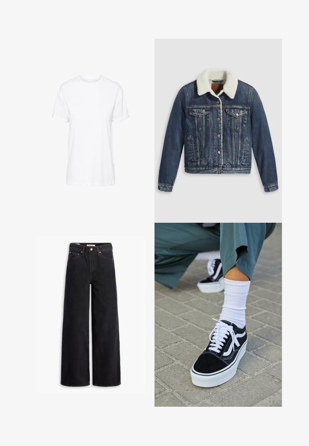 Jeansjack met een sherpa-gevoerde kraag, voorzien van twee borstzakken, zijzakken en zilveren knopen. Versleten donkerblauwe stof.; Witte katoenen T-shirt met korte mouwen, een ronde hals en een relaxte pasvorm, met een gladde textuur en zonder zichtbare patronen.; Zwarte brede jeans gemaakt van denim, met vijf zakken, koperen klinknagels en een klassieke knoopsluiting. Glad van textuur met een strakke uitstraling.; Zwarte suède sneaker met witte accenten en veters, uitgerust met een dikke witte zool en contrasterende stiksels, gecombineerd met een witte sok.