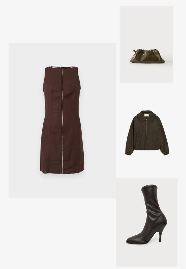 Veste courte vert olive en mélange de laine, dotée d'un grand col, d'une fermeture éclair à l'avant et de deux poches latérales avec des poignets élastiqués.; Robe marron foncé sans manches avec des détails de couture verticale beige au centre et autour de l'encolure ronde.; Botte en cuir noire montant jusqu'au milieu du mollet, à talon aiguilles fin et bout pointu, sur fond uni.; Pochette en cuir souple vert olive avec haut froncé et petite anse en boucle, arborant un subtil logo "RAID" sur le devant.