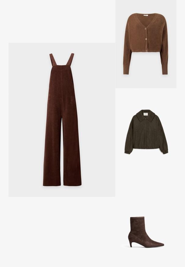 Veste courte vert olive en mélange de laine, dotée d'un grand col, d'une fermeture éclair à l'avant et de deux poches latérales avec des poignets élastiqués.; Salopette marron en velours côtelé à jambes larges avec bretelles et encolure carrée sur fond blanc.; Cardigan court marron pelucheux avec manches longues et trois boutons sur le devant, sur un fond clair uni.; Bottine en daim marron avec un bout pointu et un talon fin. Présente une texture lisse et un design haut.