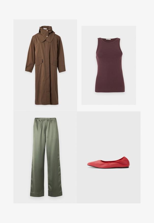 Long imperméable marron avec col haut, capuche, poches avant à rabat, fermeture par boutons et fermeture éclair, présenté sur un fond clair uni.; Débardeur ajusté sans manches de couleur violet foncé avec un col rond et un logo discret près de l'ourlet, présenté sur un fond clair uni.; Pantalon ample en satin vert olive avec une taille élastique et des jambes larges et droites.; Filippa K REY FLATS - Ballerines - bright red