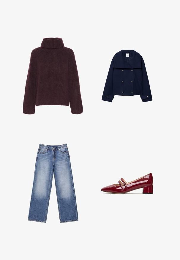 Marineblå uld peacoat med bred krave, dobbeltradet design, sølvknapper og sidelommer. Tekstureret stof med en struktureret form.; Bordeaux strikket sweater med en høj, foldet krave. Har et struktureret ribbet mønster og brede ærmer; lavet af blødt, varmt materiale.; Lyseblå denim jeans med vide ben, forlommer, bæltestropper, knaplukning og diskret falming på forlårene.; Røde patenterede læderpumps med spids tå, to dekorative stropper og en blokhæl. Glat tekstur og skinnende finish.