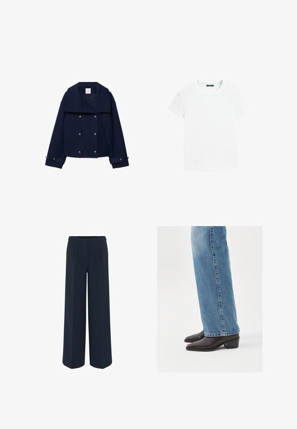 Marineblaue Woll-Peacoat mit breitem Kragen, doppelreihigem Design, silbernen Knöpfen und Seitentaschen. Strukturierter Stoff mit klarer Form.; Schlichtes weißes T-Shirt mit kurzen Ärmeln und rundem Halsausschnitt, flach auf weißem Hintergrund ausgelegt.; Weite Hose in Dunkelblau, aus glattem Stoff, mit maßgeschneiderten Falten und hohem Taillendesign. Keine sichtbaren Taschen oder Verzierungen.; Braune Leder-Stiefeletten mit spitzer Zehenform und Blockabsatz, kombiniert mit hellblauen, geraden Jeans, die ein sauberes und einfaches Design präsentieren.