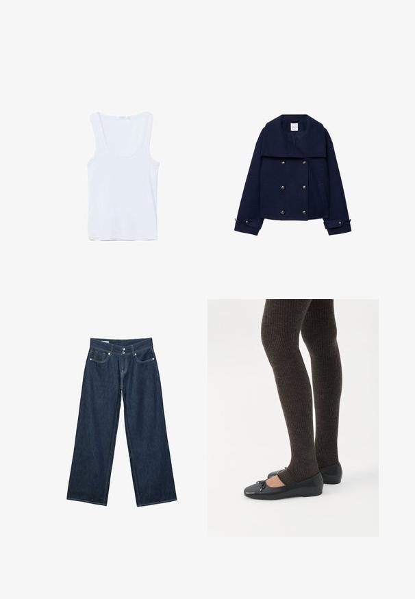 Marineblå uld peacoat med bred krave, dobbeltradet design, sølvknapper og sidelommer. Tekstureret stof med en struktureret form.; Hvid ærmeløs tanktop med rund halsudskæring, lagt fladt på en hvid baggrund.; Mørkeblå vidde jeans i denim med dobbelt knaplukning, forlommer og kontrastsyning på hvid baggrund.; Ben iført mørke ribbede leggings kombineret med sorte balletsko med små sløjfedetaljer på hvid baggrund.