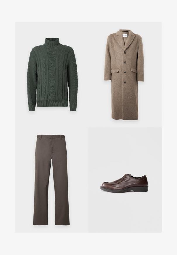 Manteau long en laine marron avec revers crantés, quatre boutons noirs et deux poches à rabat à l'avant, suspendu sur un fond blanc.; Pull à col roulé en tricot torsadé vert foncé avec des motifs en losanges et en tresses, finitions côtelées aux manches et à l'ourlet.; Pantalon en coton marron avec une coupe droite, doté de passants de ceinture et une texture lisse. Aucun motif visible ni détail de quincaillerie.; Chaussure habillée en cuir marron avec un bout arrondi, des accents de couture minimum, et une semelle noire robuste. Présente un système de laçage et une texture lisse.